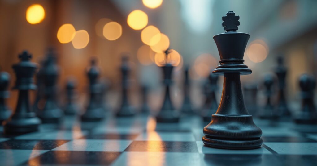 Chess king piece on a board. Strategic business concept. Leadership power strategy concept. Competition challenges success. Financial planning management vision.