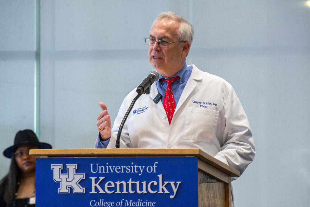 UK College of Medicine Dean Chipper Griffith, MD, speaks at the podium during Match Day.