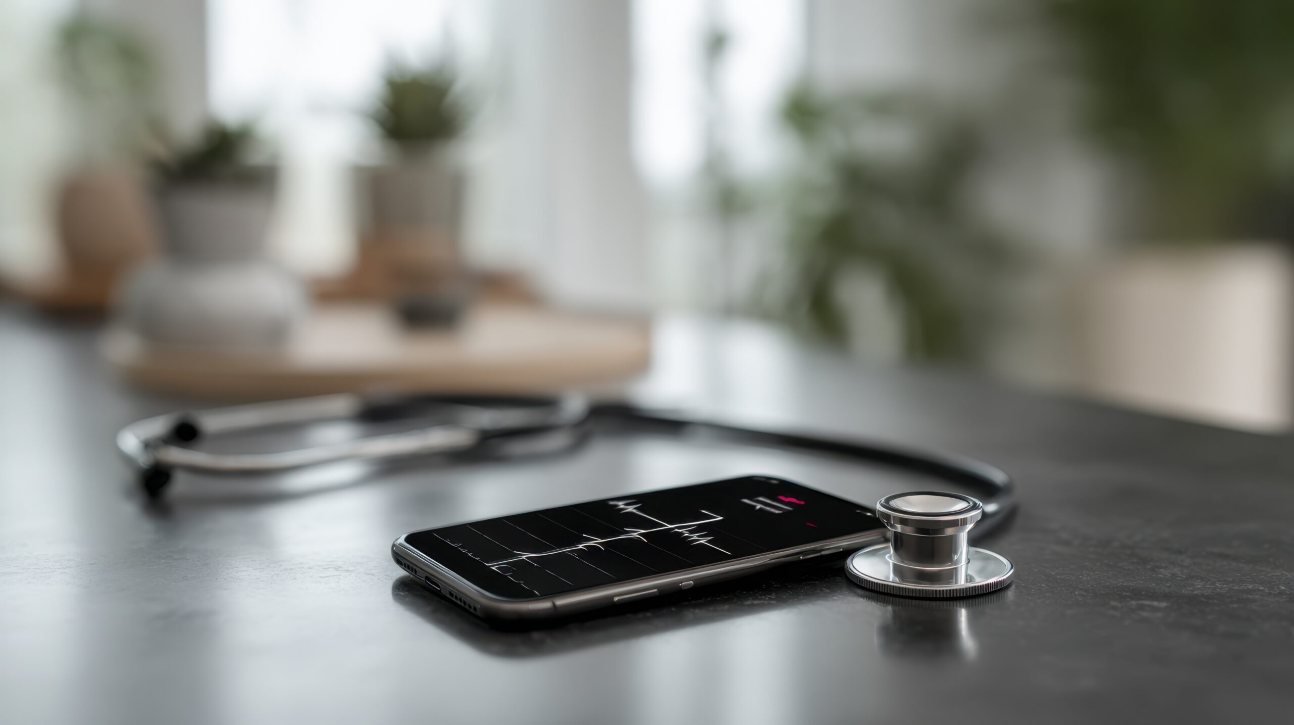 Medium view of a digital stethoscope chest piece with waveform sound data visible on a smartphone app the surrounding room softly blurred.